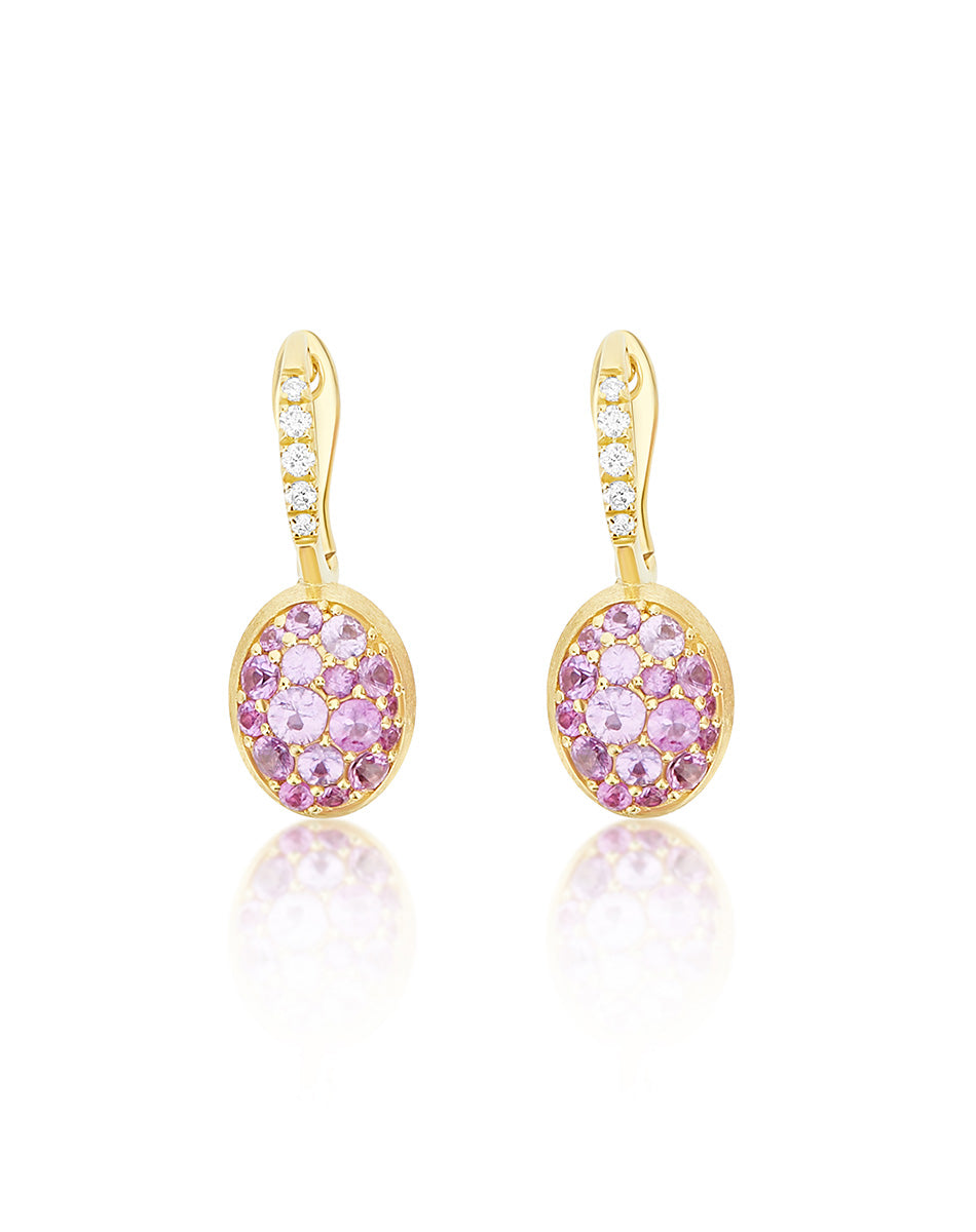 Rosolio Boules Ciliegine earrings (small), in engraved gold, diamonds and pink sapphire pavé