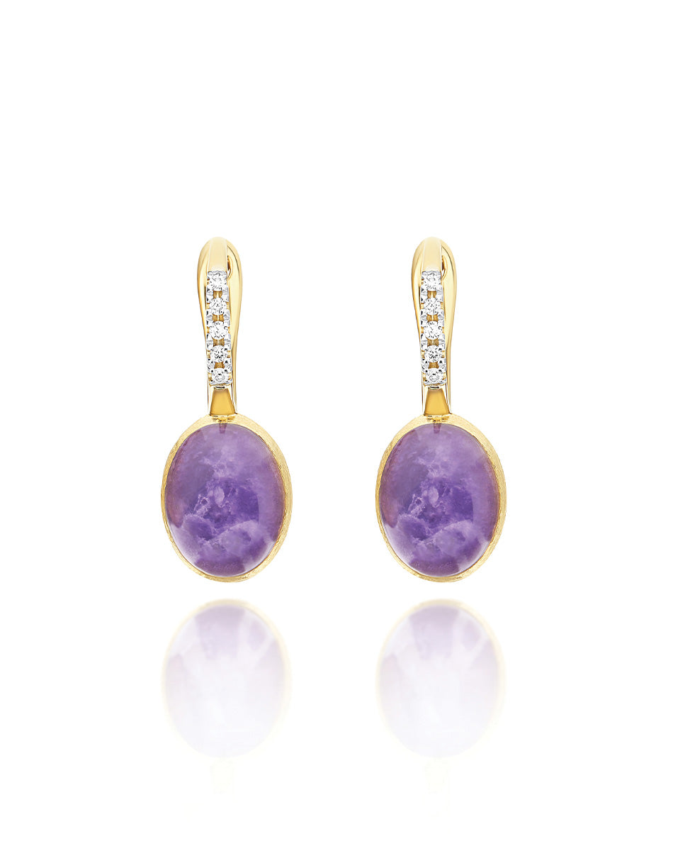 Violetta Boules Ciliegine earrings (small), in engraved gold, diamonds, lepidolite, mother-of-pearl and Rock crystal