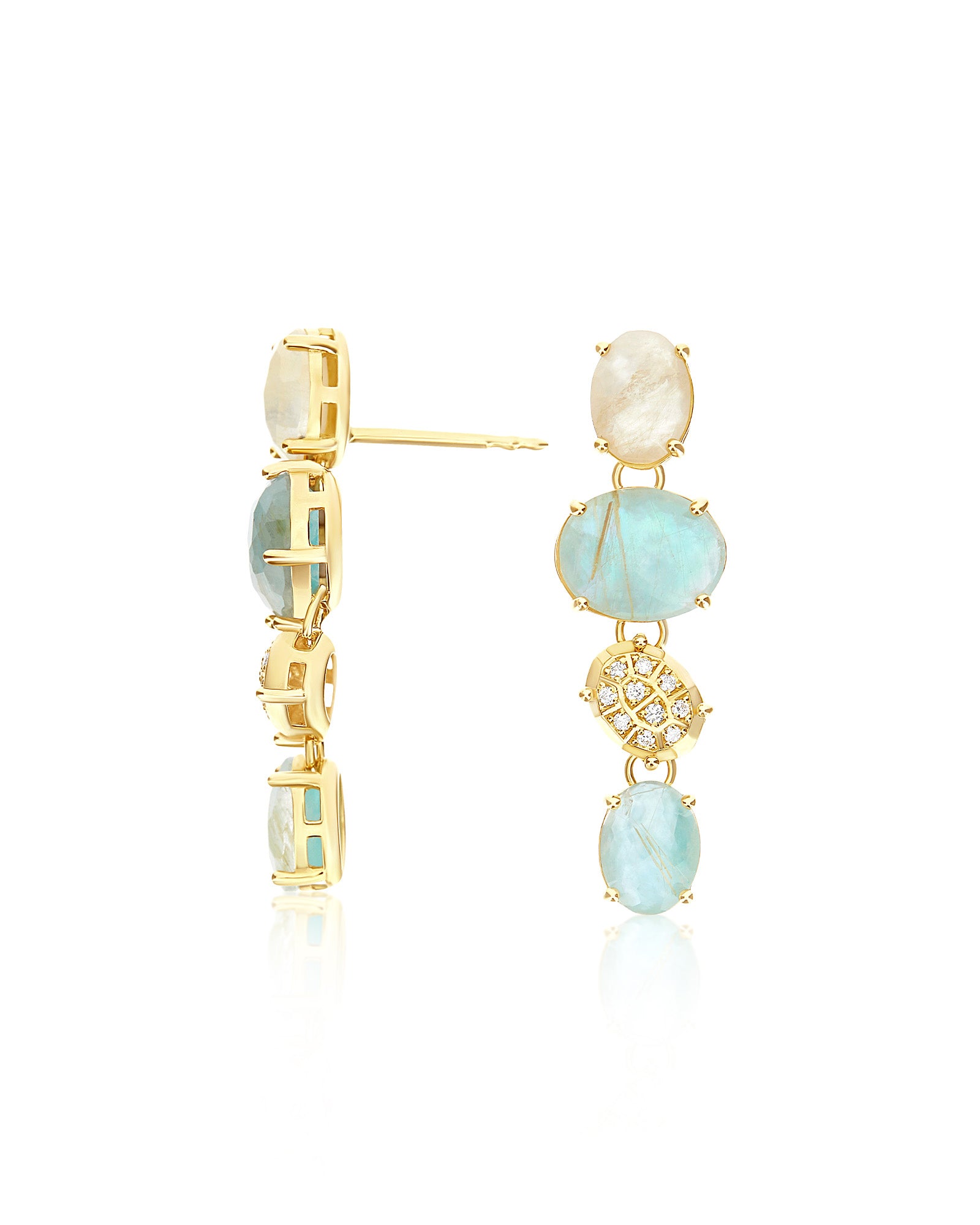 "Ipanema Maré" tapered earrings in polished gold with triplet of rutilated quartz, mother-of-pearl and diamonds (large)