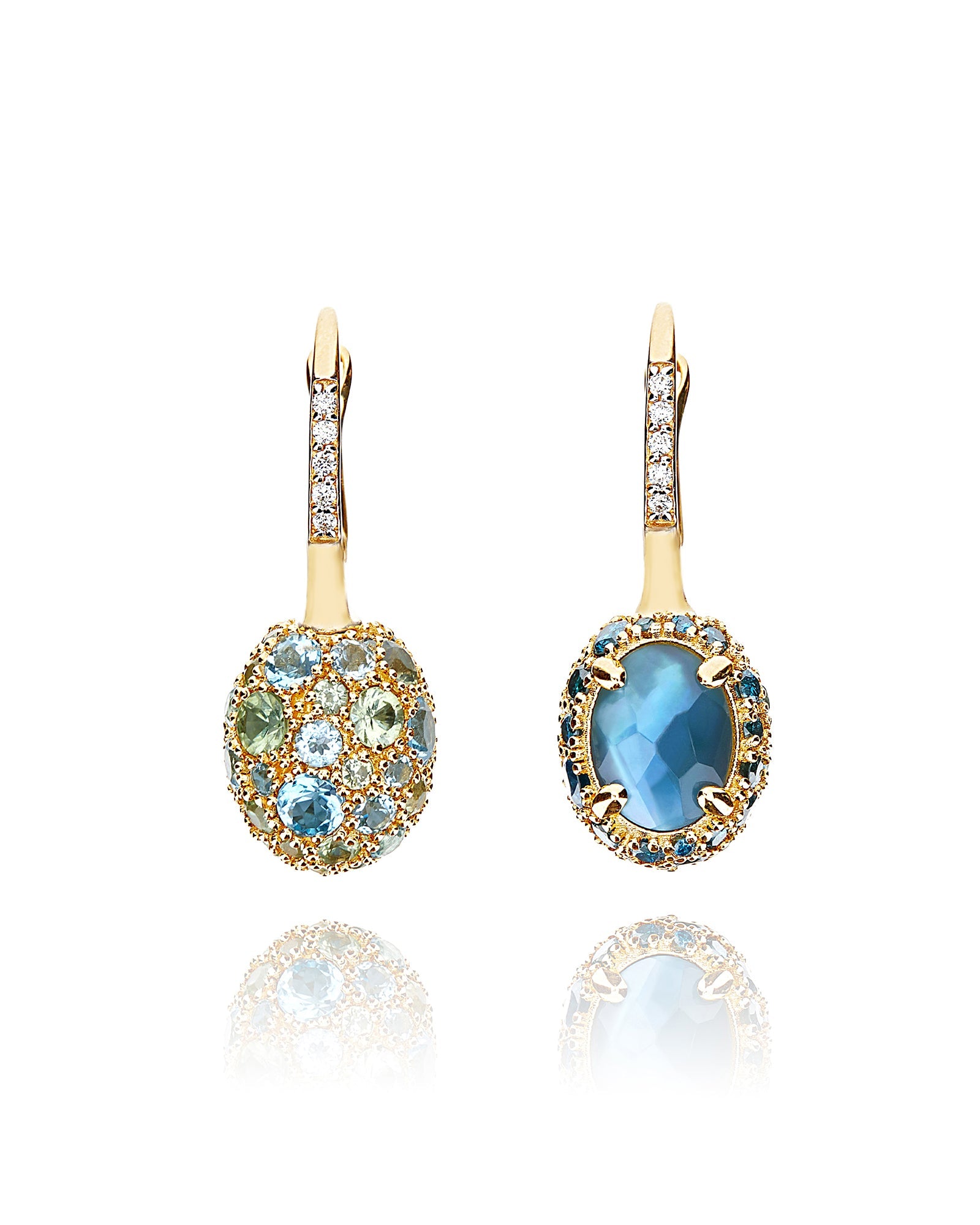 Reverse Ciliegine earrings (small), reversible, in gold, diamonds, blue diamonds, London Blue topaz, Swiss blue topaz and green sapphire