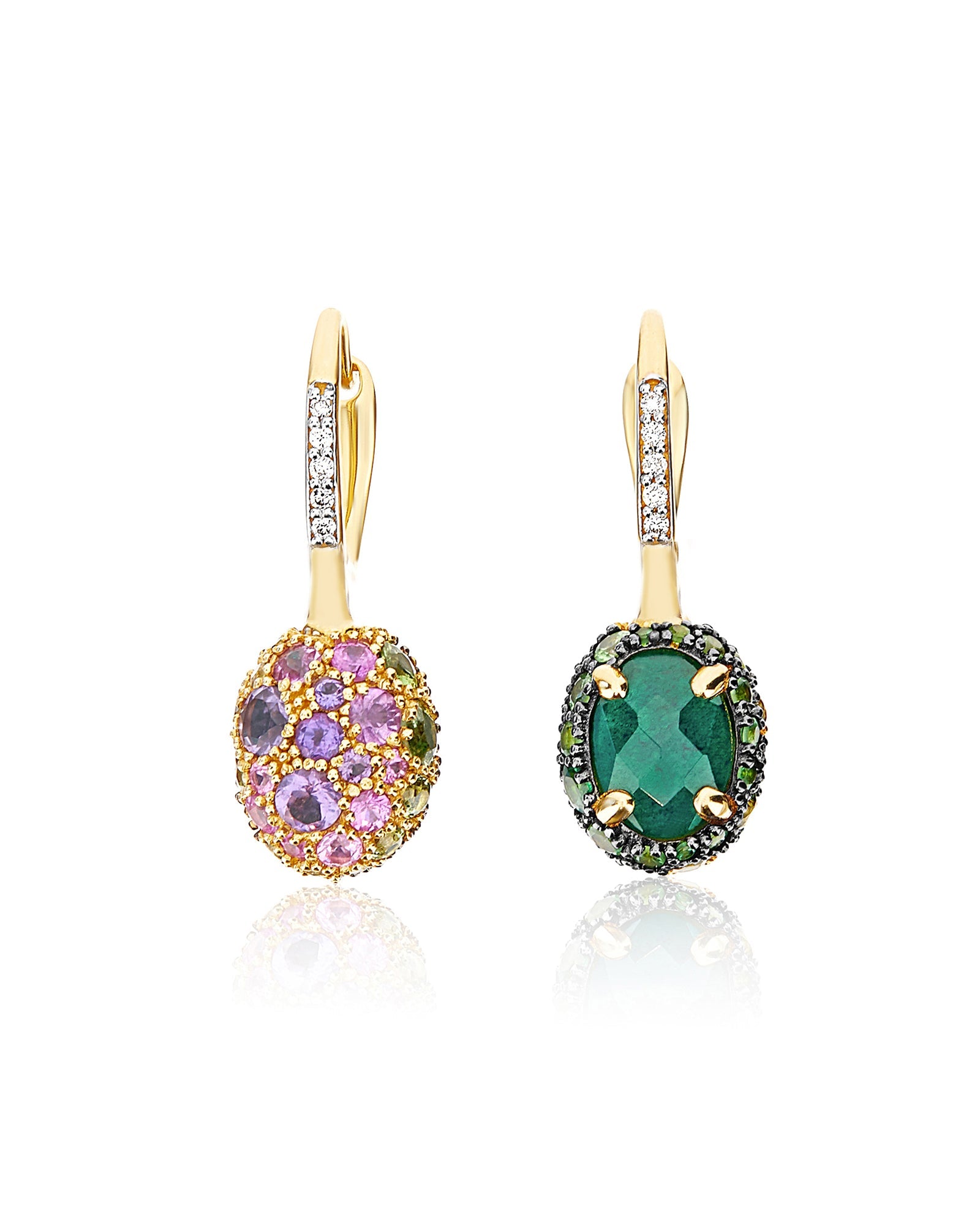 Reverse Ciliegine earrings (small), reversible, in gold, diamonds, labradorite, Rock crystal, amethyst, green sapphire, pink sapphire and tsavorite