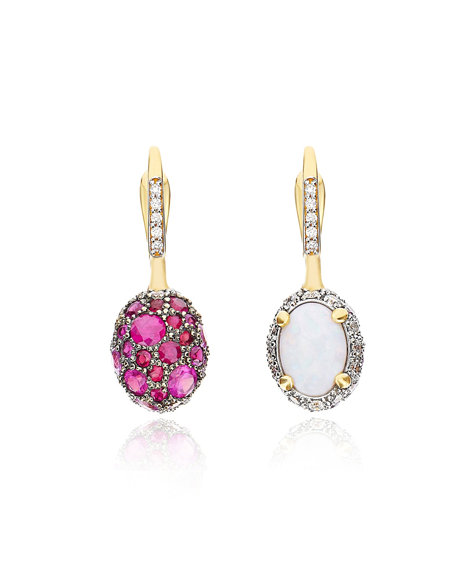 Reverse Ciliegine earrings (small), reversible, in gold, diamonds, Australian white opal, pink sapphires and ruby