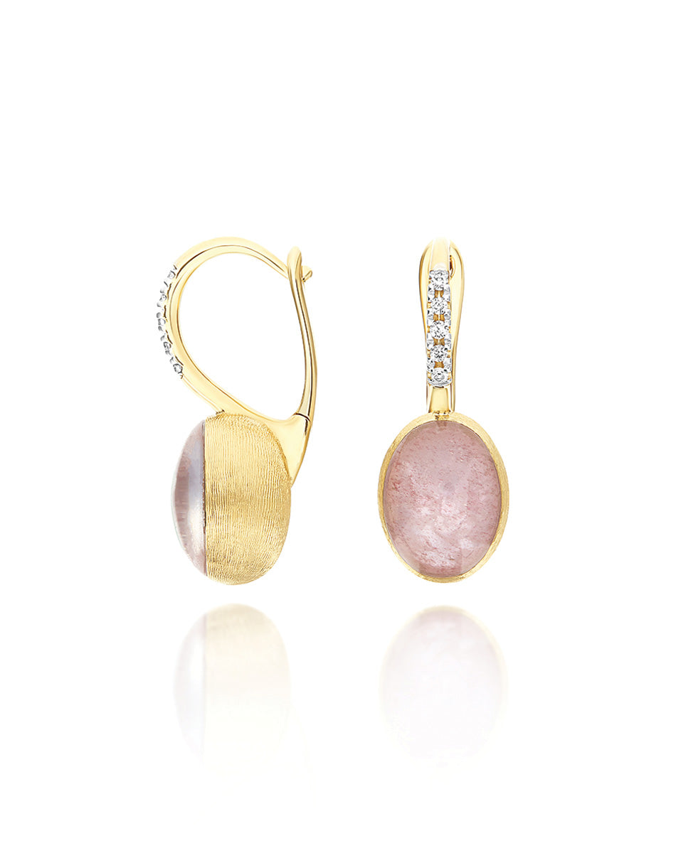 "Boules" Rosolio Ciliegine gold, rock crystal, strawberry quartz, and mother-of-pearl ball drop earrings with diamonds details (Small)