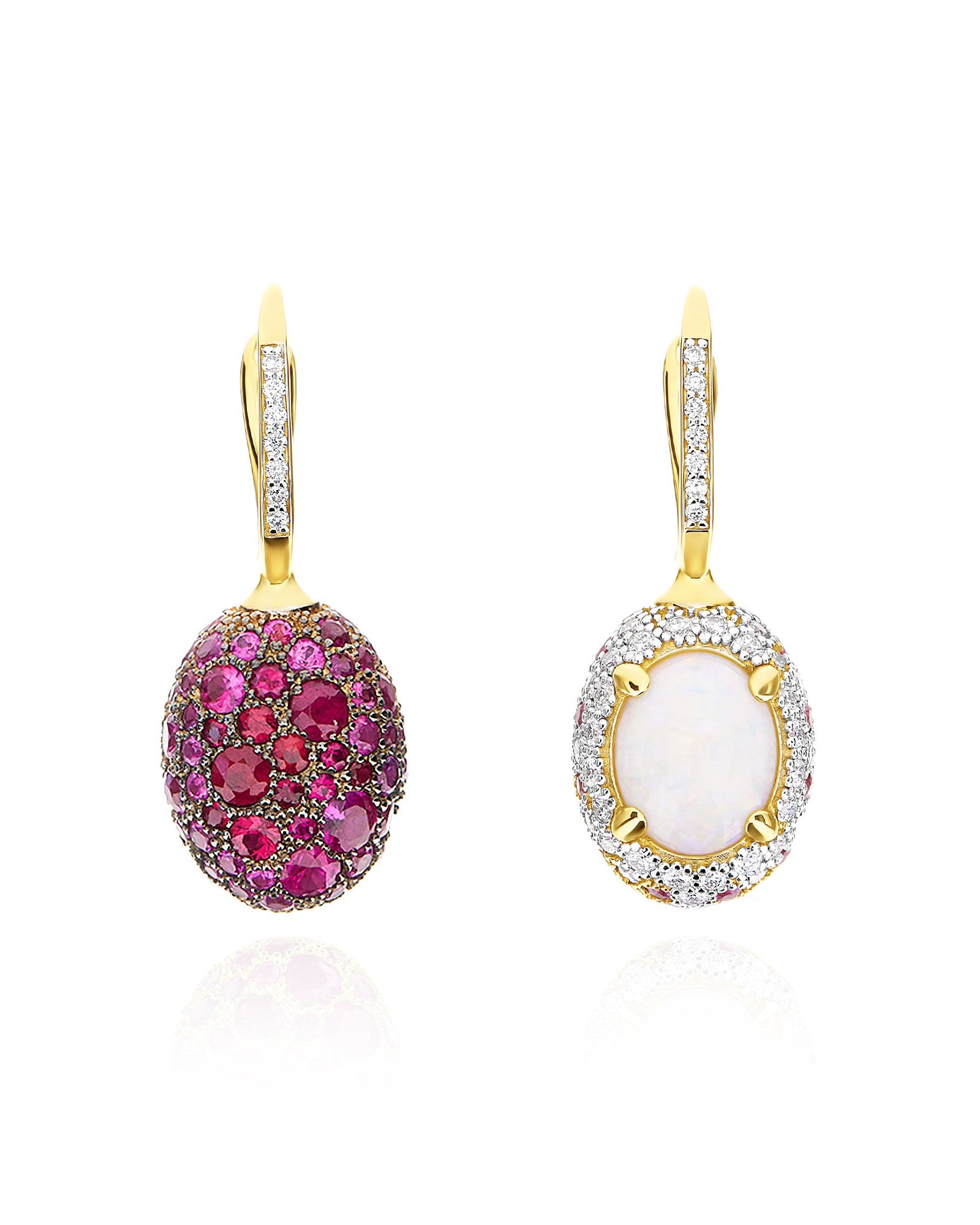 Reverse Ciliegine earrings (medium), reversible, in gold, diamonds, Australian white opal, pink sapphires and ruby