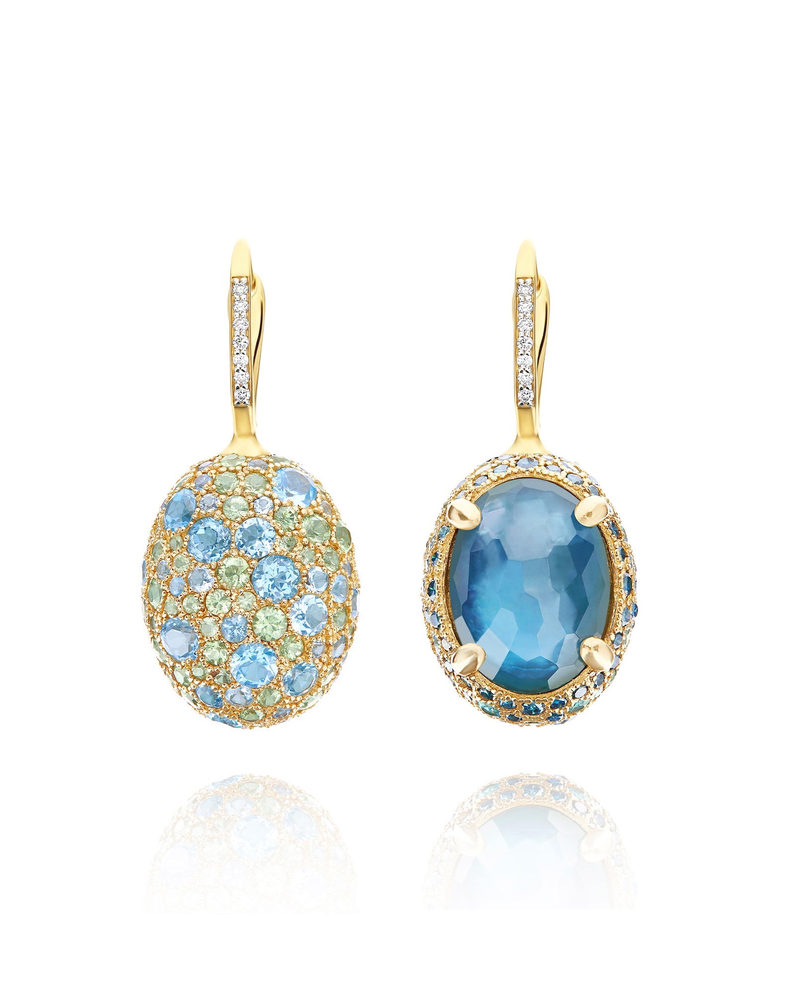 Reverse Ciliegine earrings (big), reversible, in gold, diamonds, blue diamonds, London Blue topaz, Swiss blue topaz and green sapphire