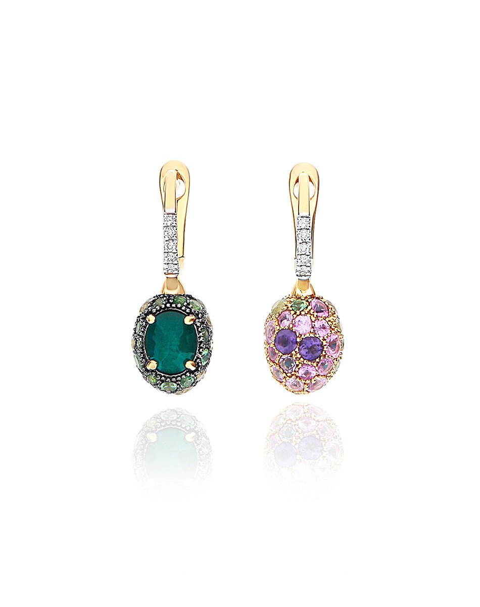 Reverse Ciliegine earrings (baby), reversible, in gold, diamonds, labradorite, Rock crystal, amethyst, green sapphire, pink sapphire and tsavorite