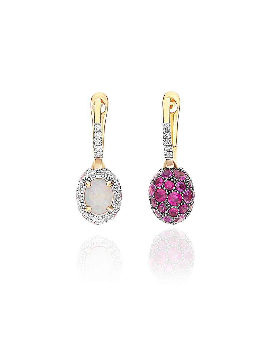 Double-sided “Reverse Baby” Ciliegine gold earrings with Australian white opal, pink sapphires, rubies and diamonds