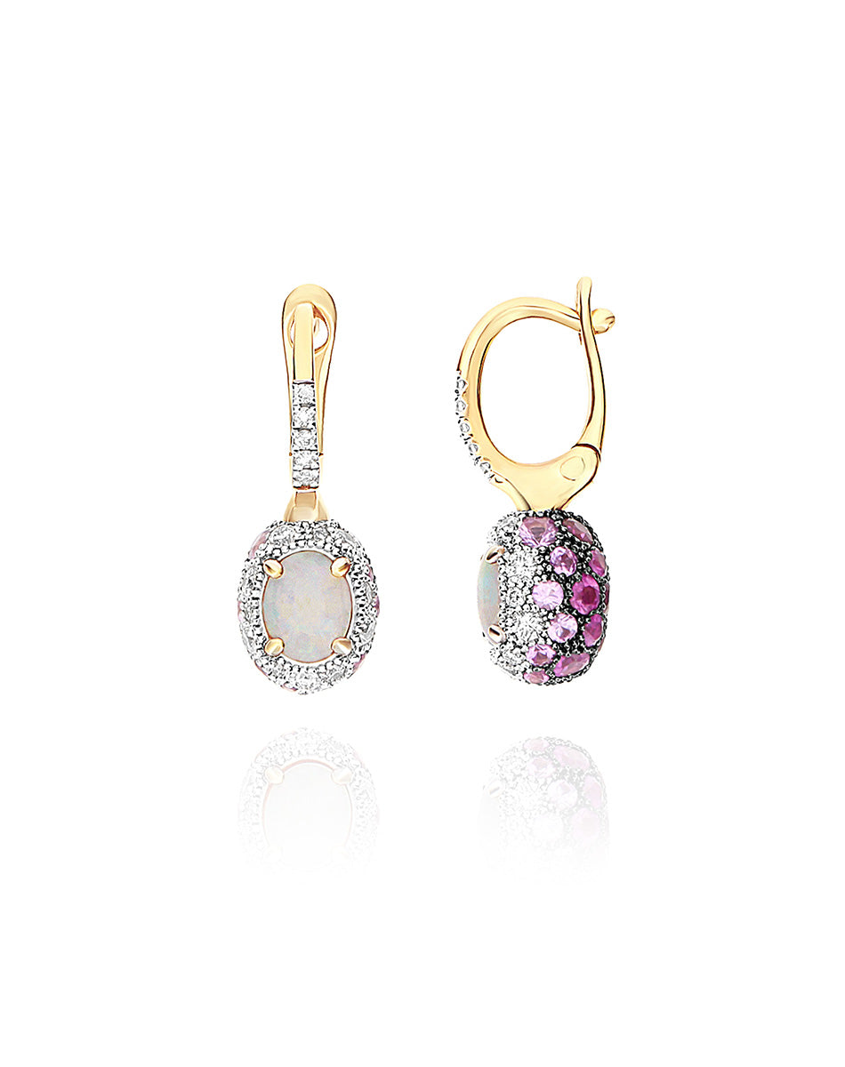 Double-sided “Reverse Baby” Ciliegine gold earrings with Australian white opal, pink sapphires, rubies and diamonds