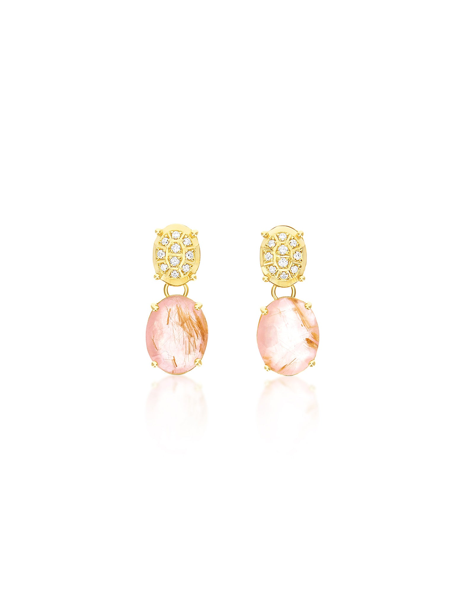 "Ipanema Sol" earrings in polished gold with triplet of rutilated quartz, mother-of-pearl, pink jade and boule with diamonds