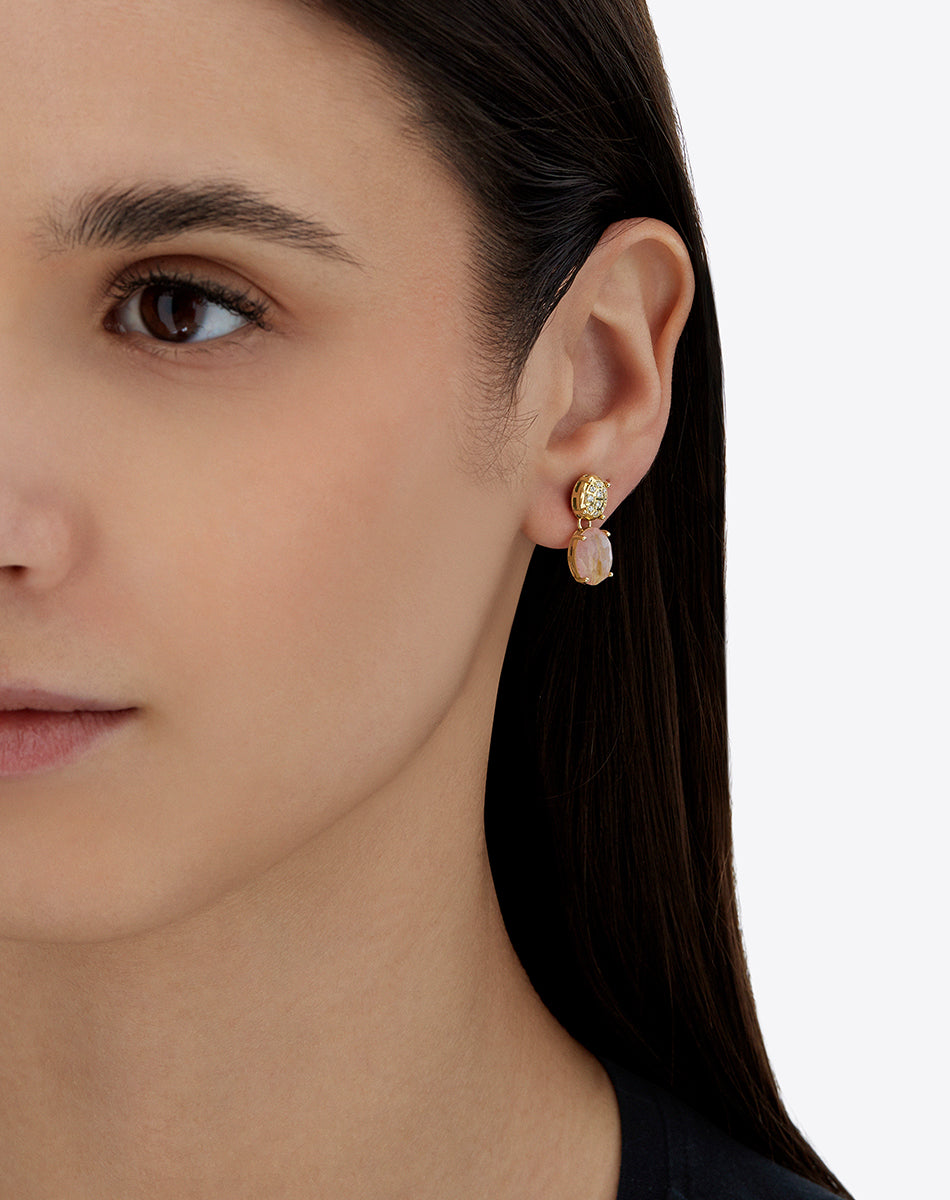 "Ipanema Sol" earrings in polished gold with triplet of rutilated quartz, mother-of-pearl, pink jade and boule with diamonds