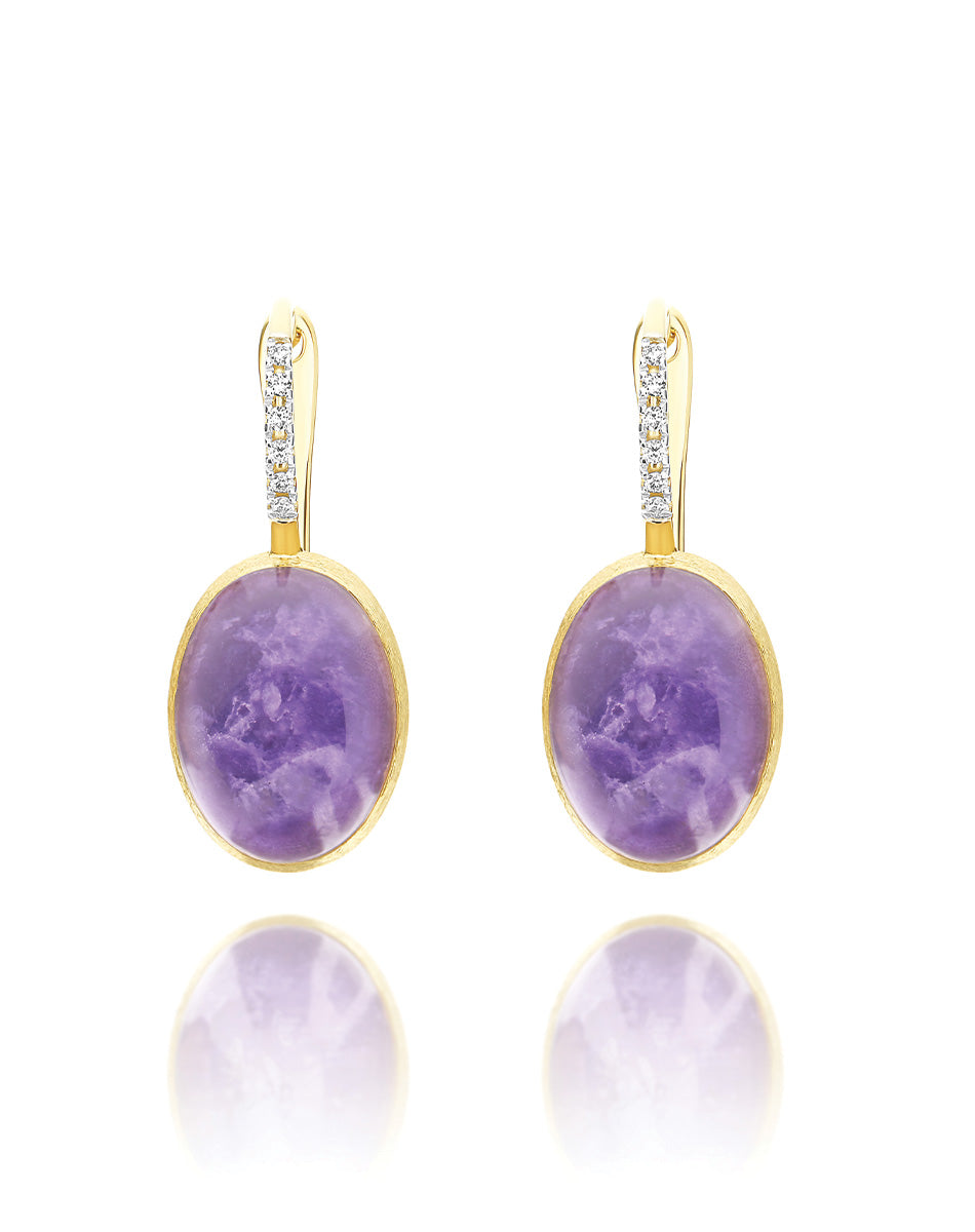 Violetta Boules Ciliegine earrings (medium), in engraved gold, diamonds, lepidolite, mother-of-pearl and Rock crystal