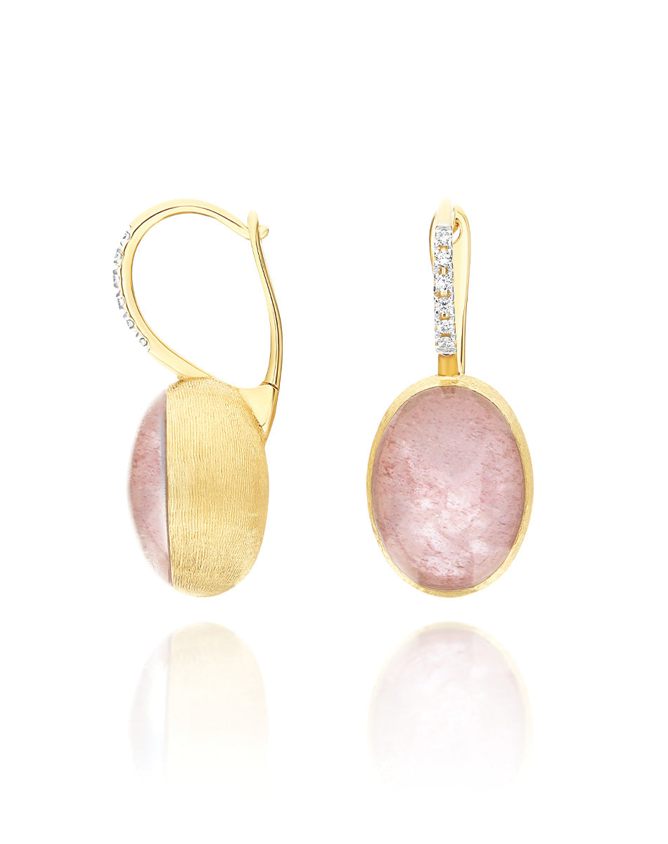 "Boules" Rosolio Ciliegine gold, rock crystal, strawberry quartz, and mother-of-pearl ball drop earrings with diamonds details (Medium)