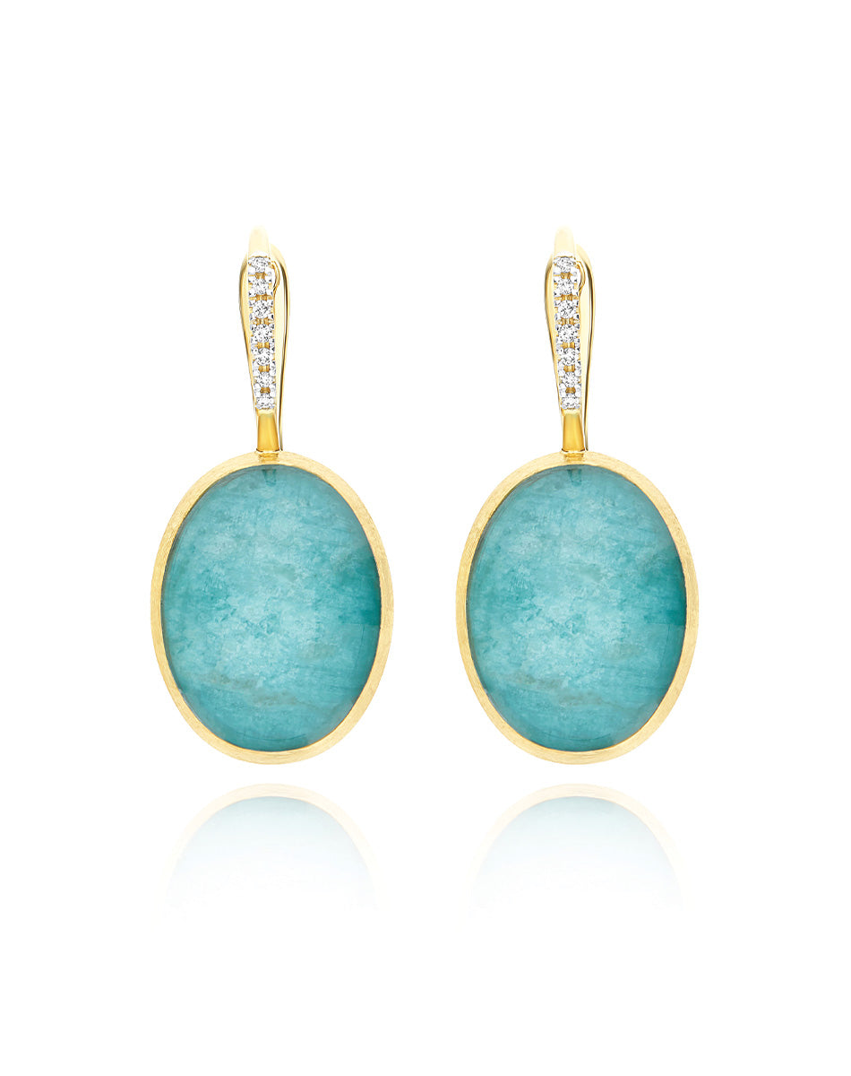 Anice Boules Ciliegine earrings (big), in engraved gold, diamonds, amazonite and Rock crystal