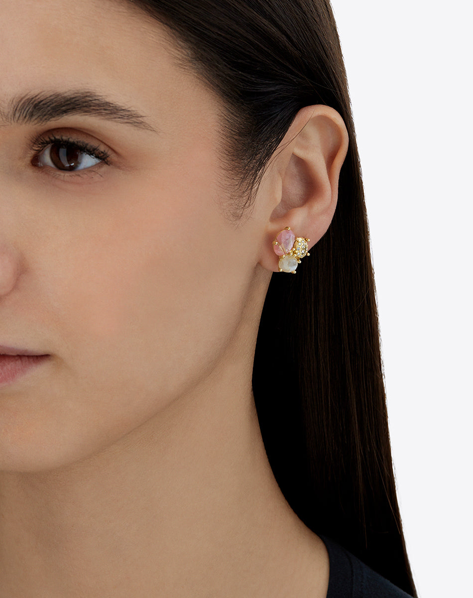 "Ipanema Sol" trilogy earrings in polished gold with triplet of rutilated quartz, mother-of-pearl, pink jade and boule with diamonds