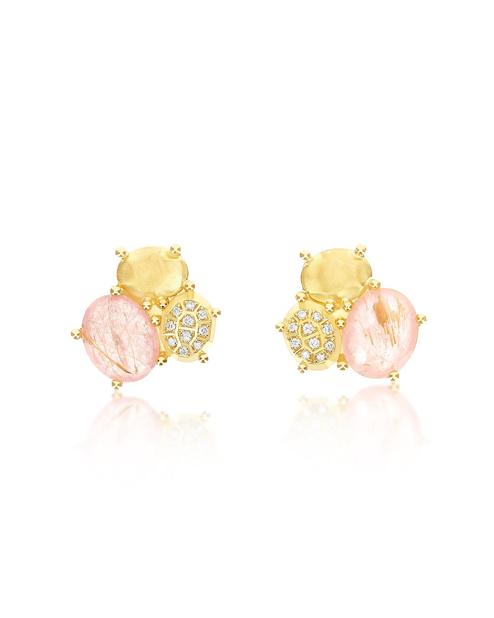 Ipanema Sol earrings, stud, in gold, rutilated quartz, mother-of-pearl and pink jade 