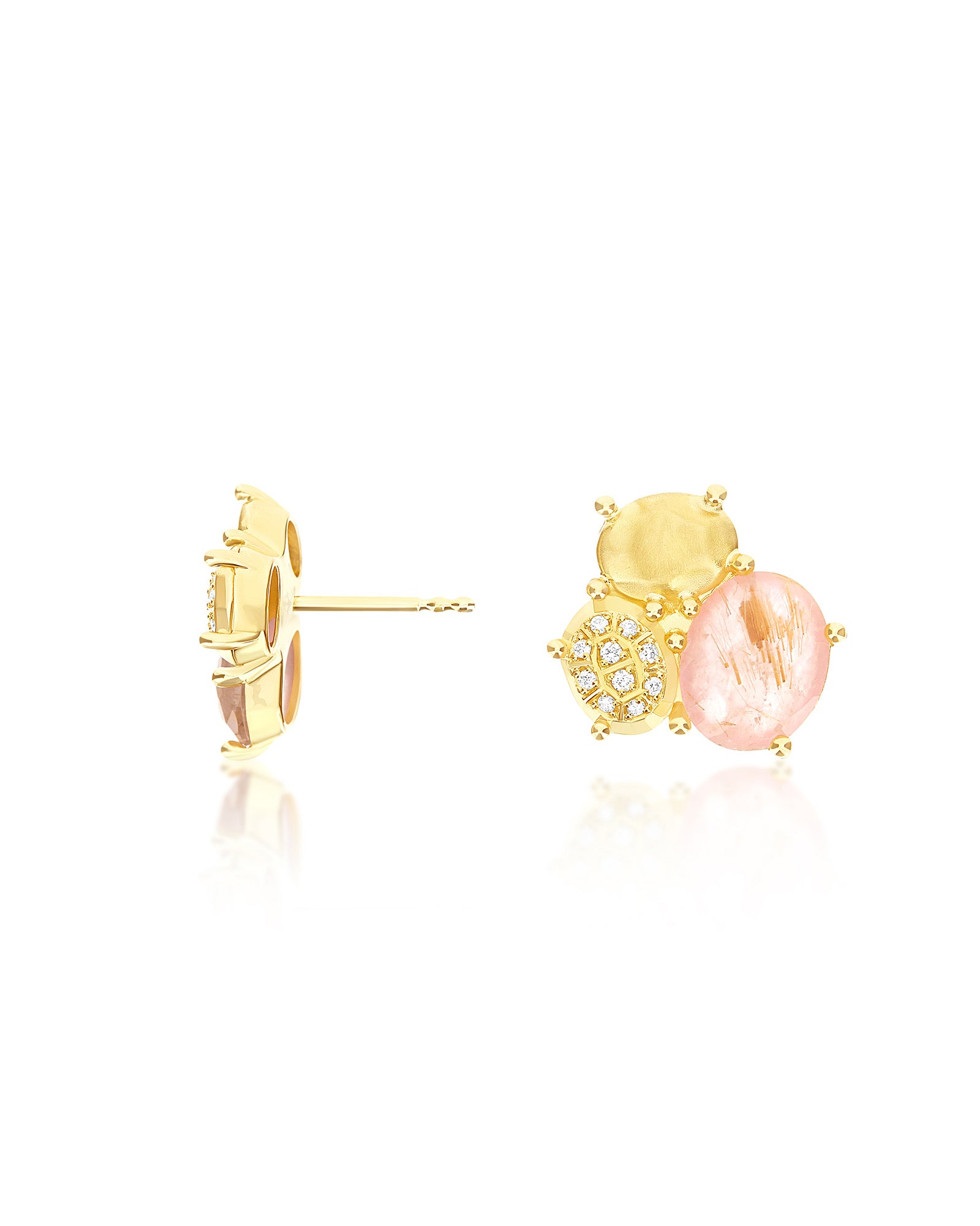 "Ipanema Sol" trilogy earrings in polished gold with triplet of rutilated quartz, mother-of-pearl, pink jade and boule with diamonds