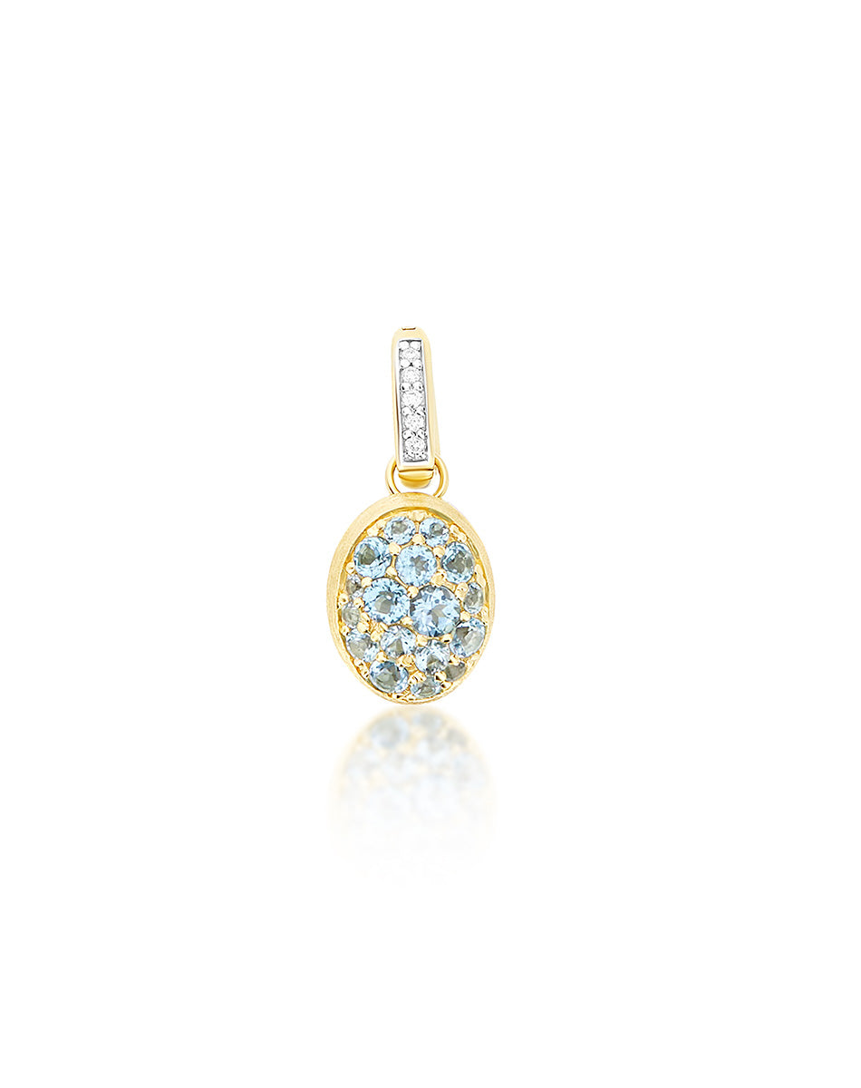 Anice Boules charm (small), in engraved gold, diamonds and Swiss blue topaz topaz pavé