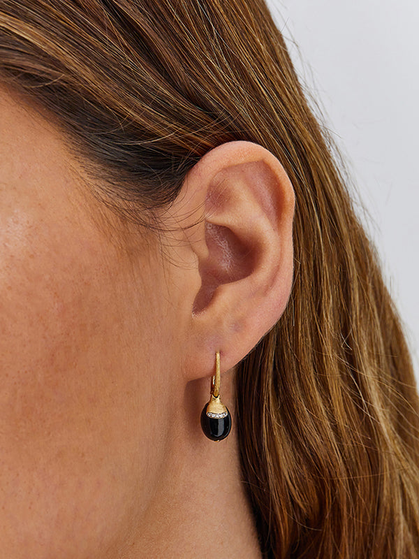 "Ciliegine" Gold and Black Onyx ball drop earrings with diamonds details (SMALL)