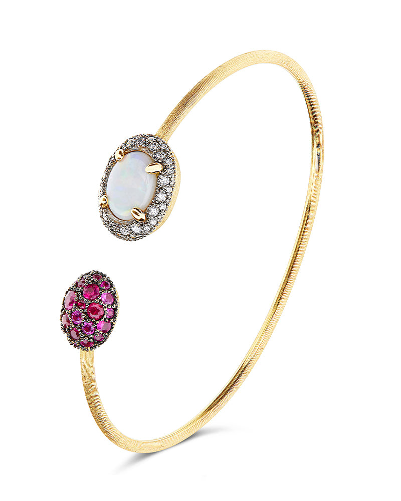"Reverse" Gold, Pink Sapphires, Rubies, White Australian Opal and Diamonds Bangle