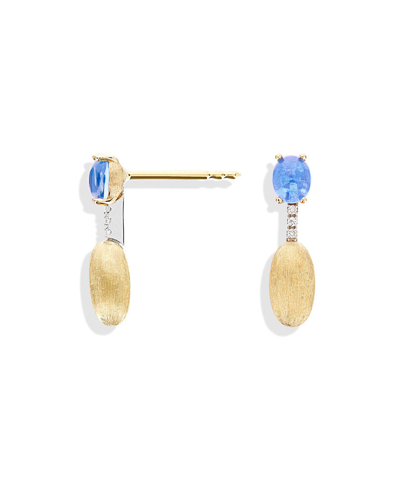 "Azure" Gold, London Blue Topaz boules and diamonds short earrings