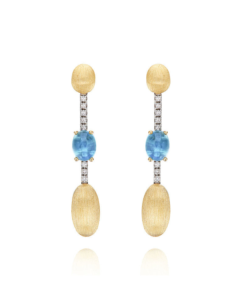 "Azure" Gold, London Blue Topaz and diamonds bars long earrings