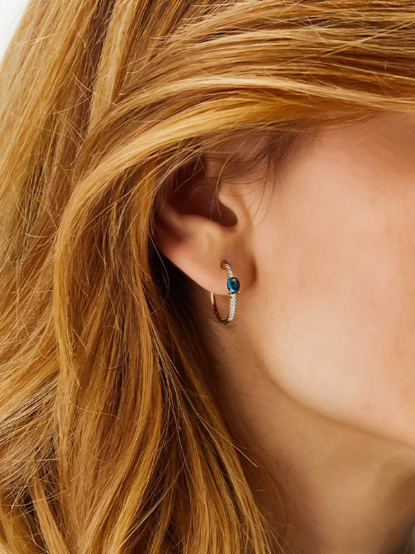 "Azure" Gold, London Blue Topaz and diamonds hoop earrings