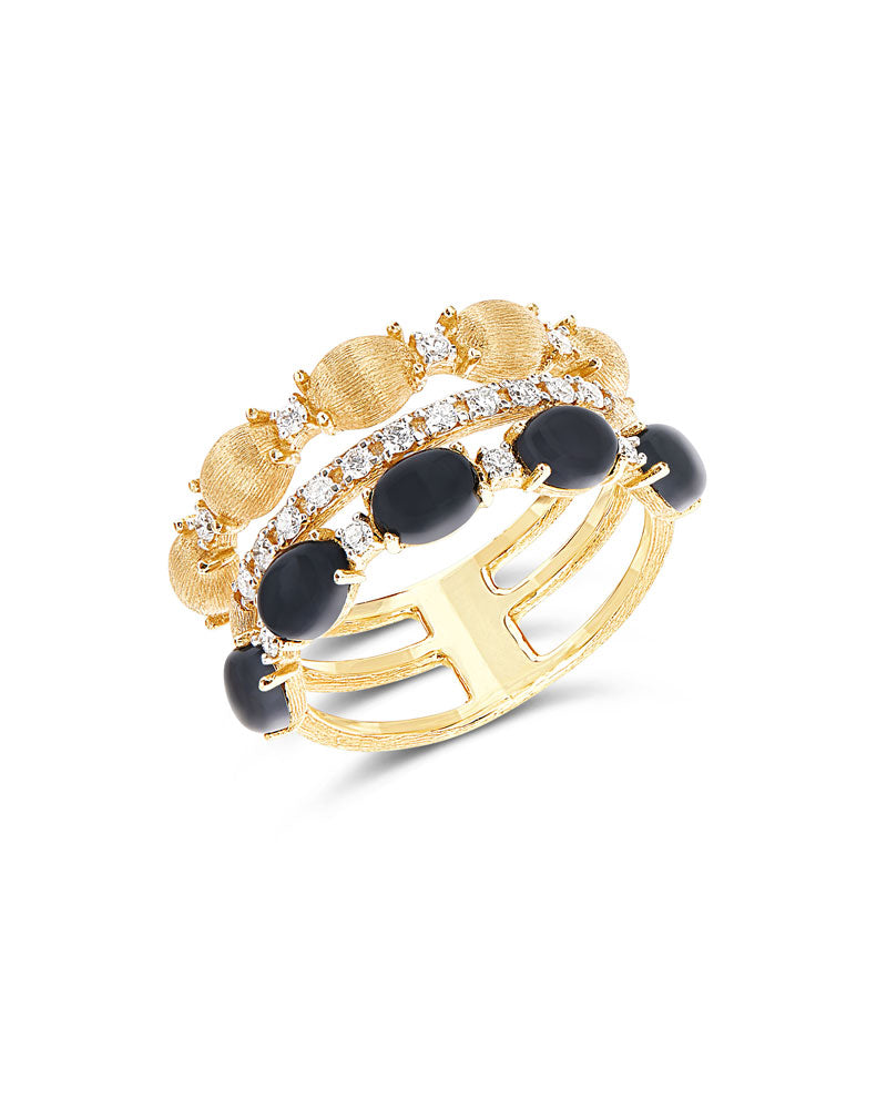 "Mystery Black" Brilliant-cut diamonds pavé, gold and black onyx boules triple-band ring