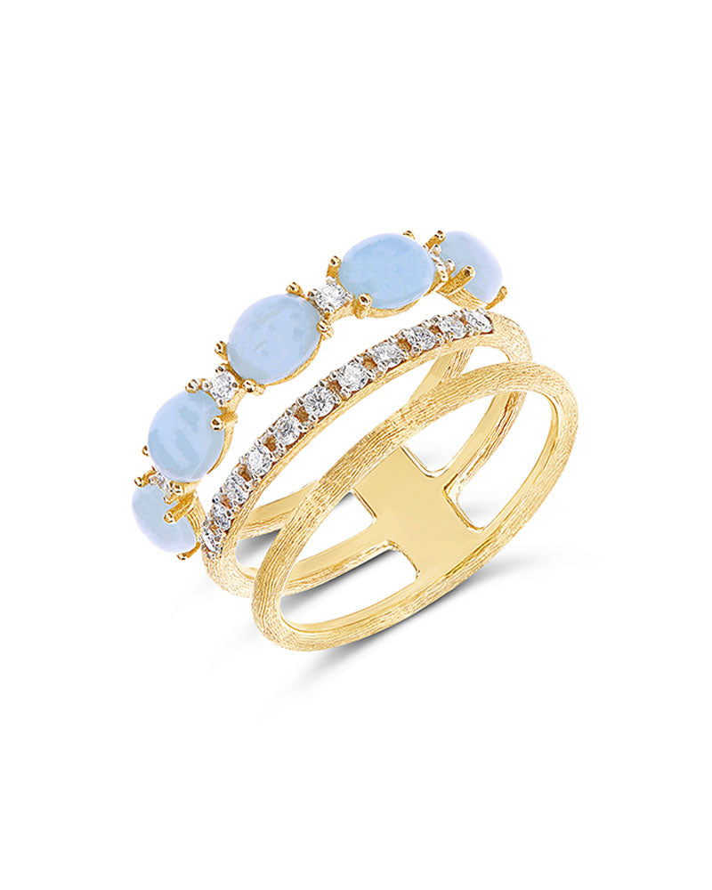 "Azure" Gold, diamonds and Aquamarine triple-band ring