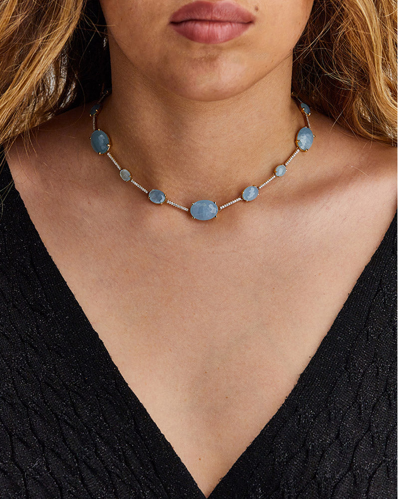 "Aria" Gold, Aquamarine and diamonds bars collar necklace