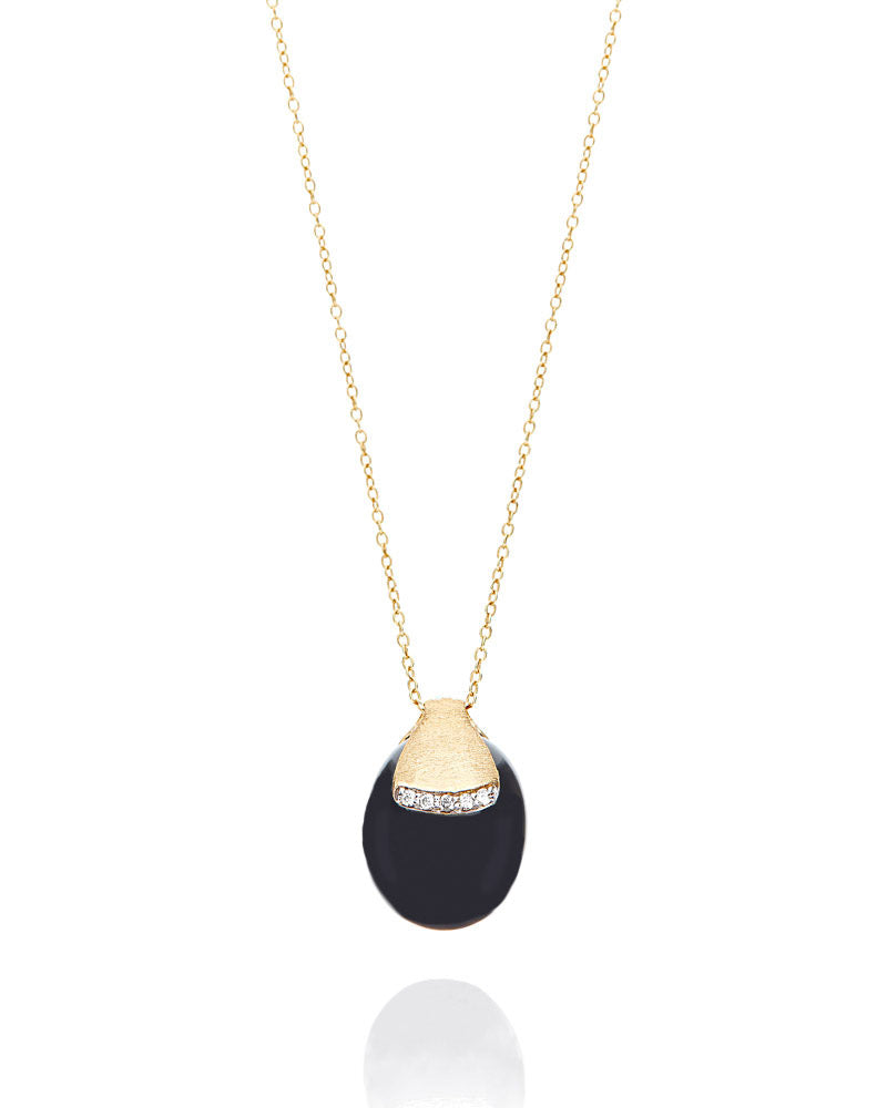 "Mystery Black" Black Onyx boule embraced by Gold and a diamonds accent