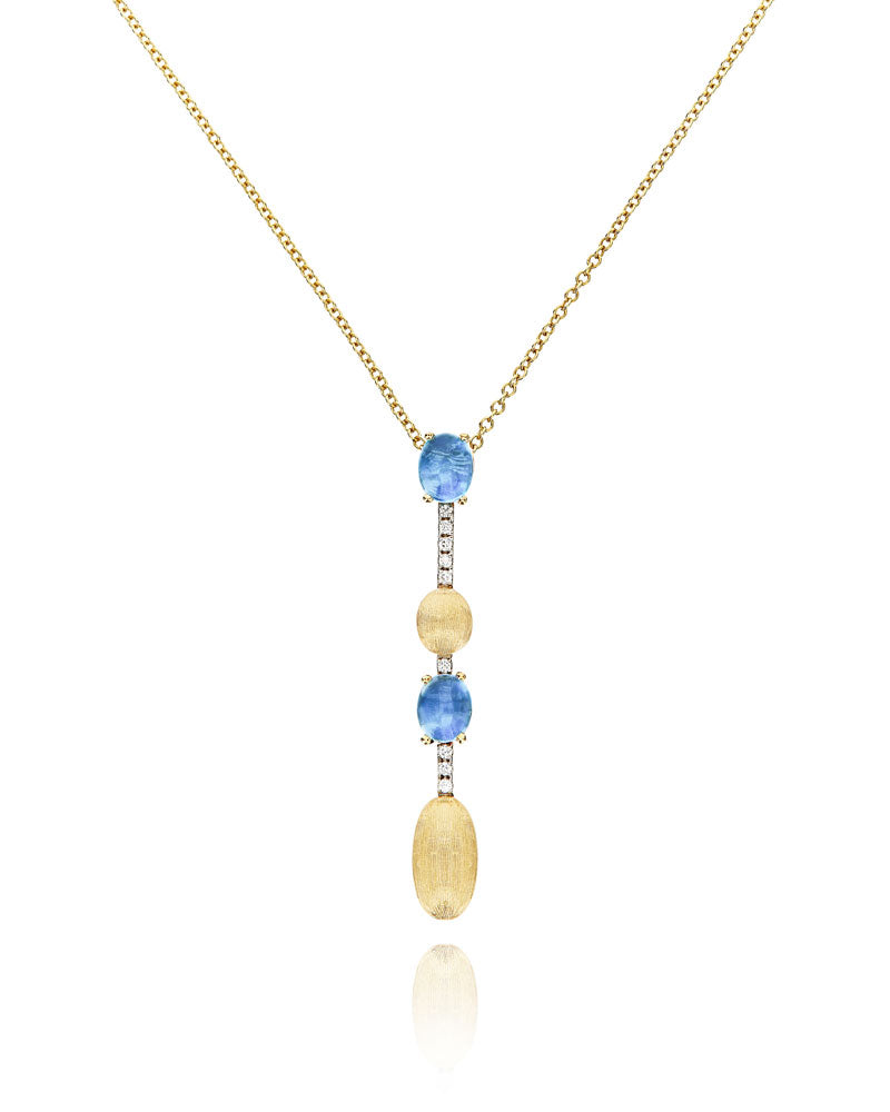 "Azure" Gold, diamonds bars and London Blue Topaz dainty long necklace
