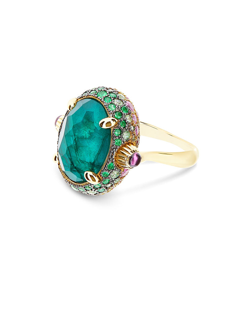 "Reverse" Gold, Sapphire, Tsavorite, Amethyst, Green Labradorite and Rock Crystal Double-face Ring  (LARGE)