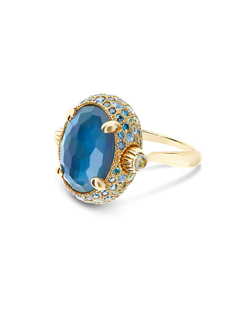 "Reverse" Gold, Blue Diamonds, Swiss Blue Topaz, Green Sapphires and London Blue Topaz Double-face Ring (LARGE)