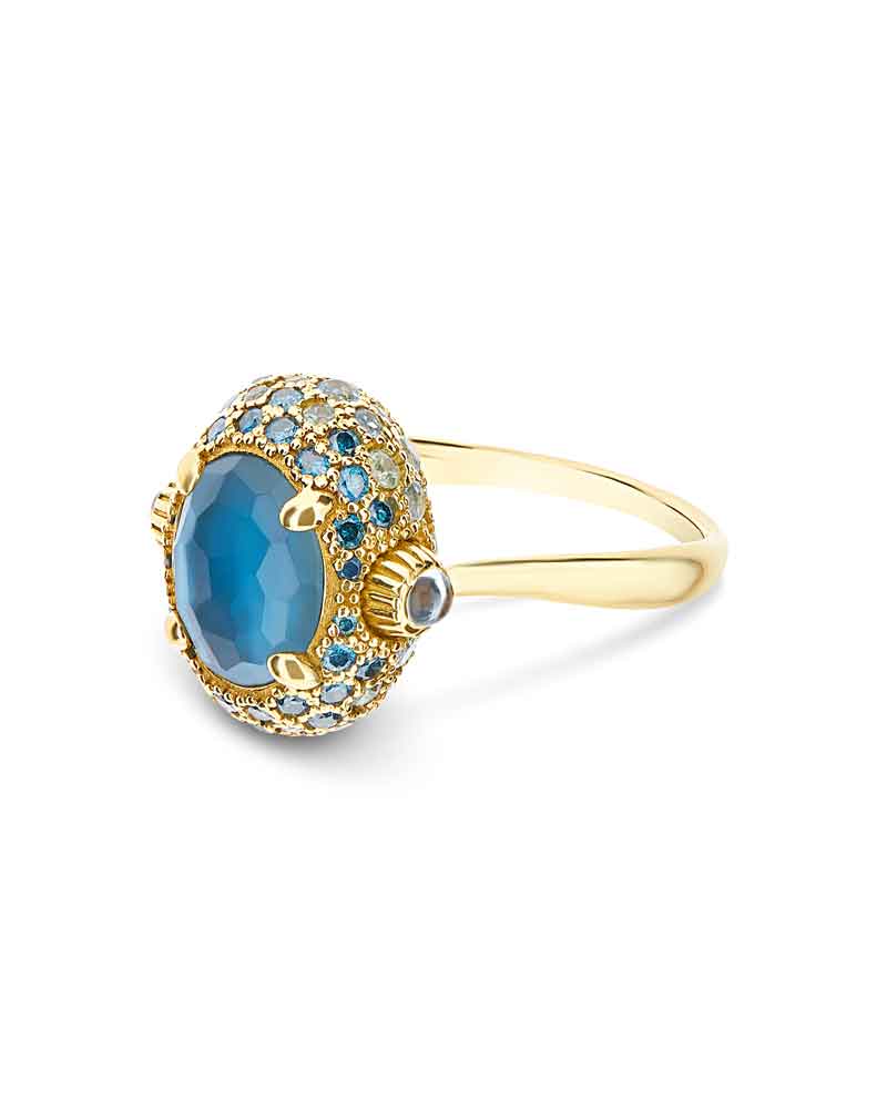 "Reverse" Gold, Blue Diamonds, Swiss Blue Topaz, Green Sapphires and London Blue Topaz Double-face Ring (MEDIUM)