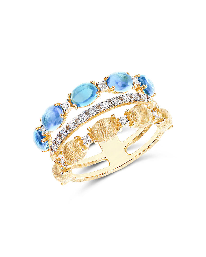"Azure" Gold, diamonds and London Blue Topaz triple-band ring
