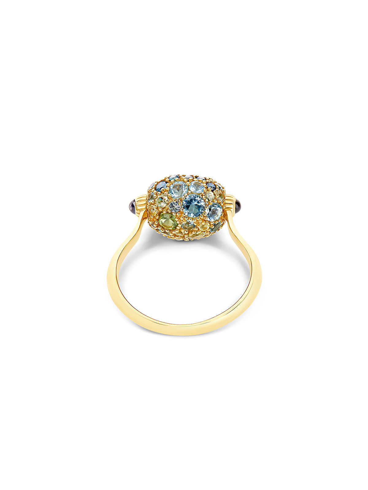 "Reverse" Gold, Blue Diamonds, Swiss Blue Topaz, Green Sapphires and London Blue Topaz Double-face Ring (SMALL)