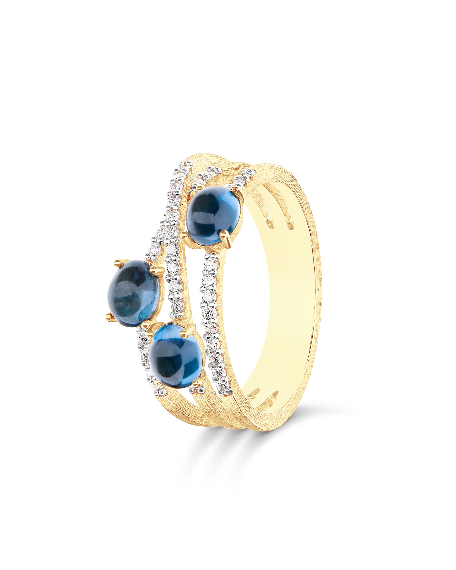 "Azure" Gold, diamonds and London Blue Topaz cross over ring