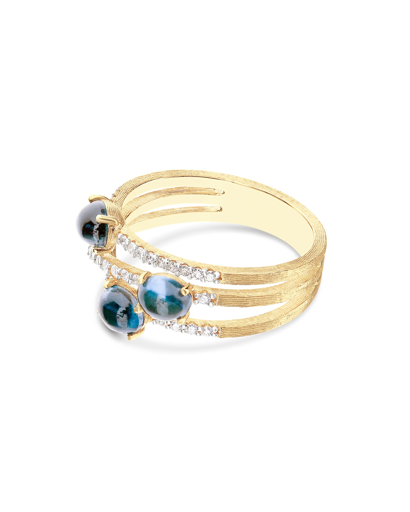 "Azure" Gold, diamonds and London Blue Topaz cross over ring
