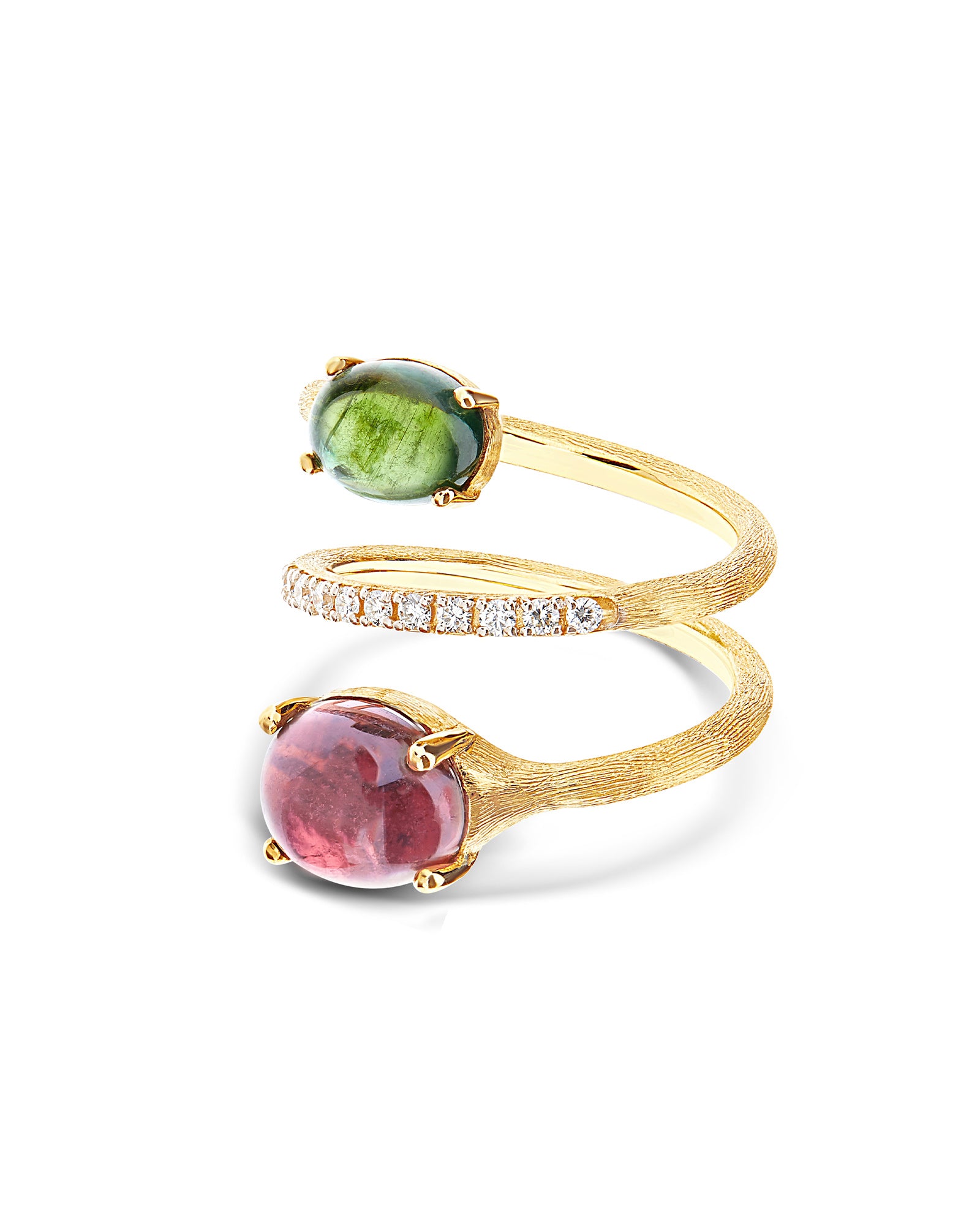 "Tourmalines" Gold, Diamonds, Pink and Green tourmalines, spiral ring