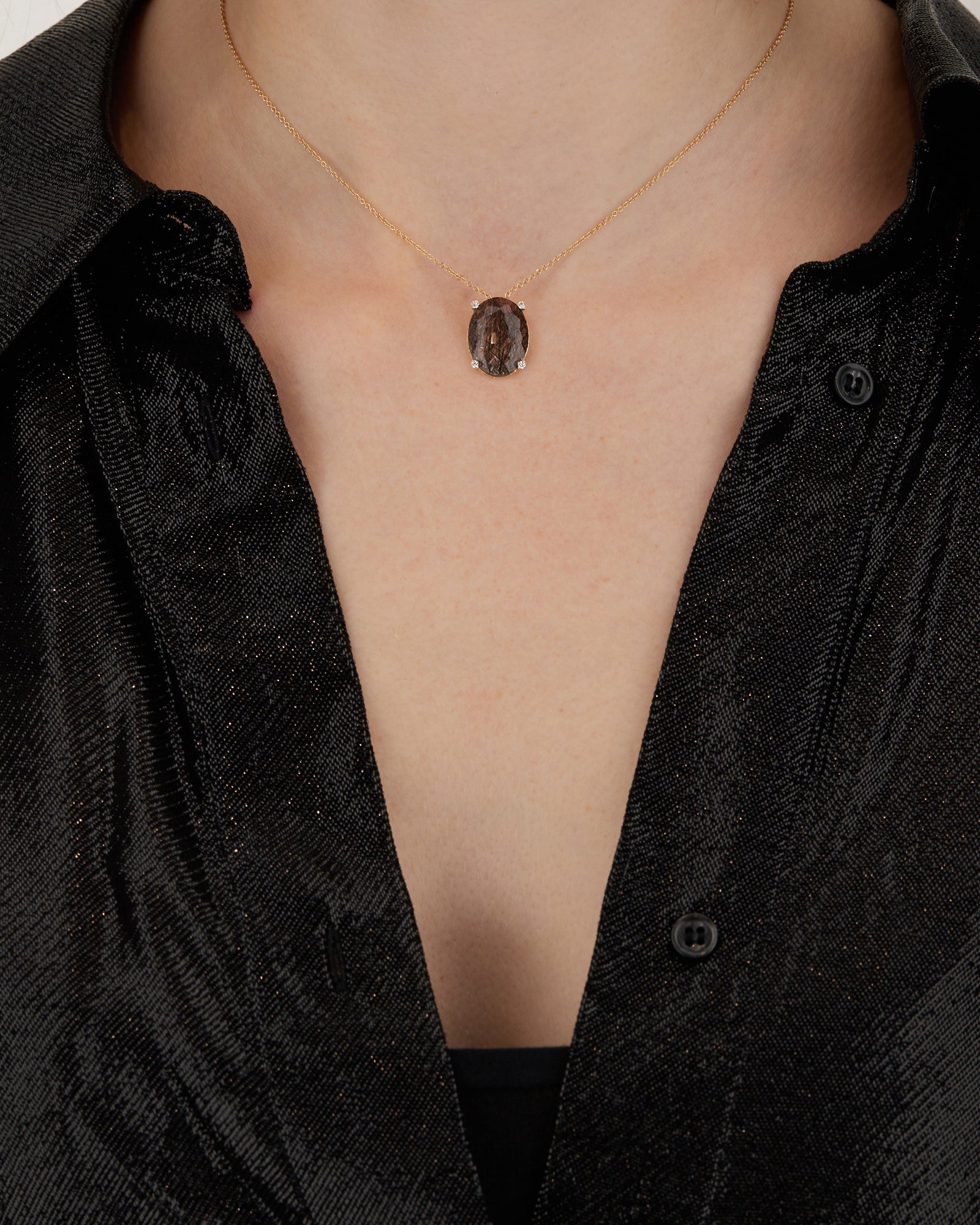 "Ipanema" Grey rutilated quartz, diamonds and 18kt gold pendant