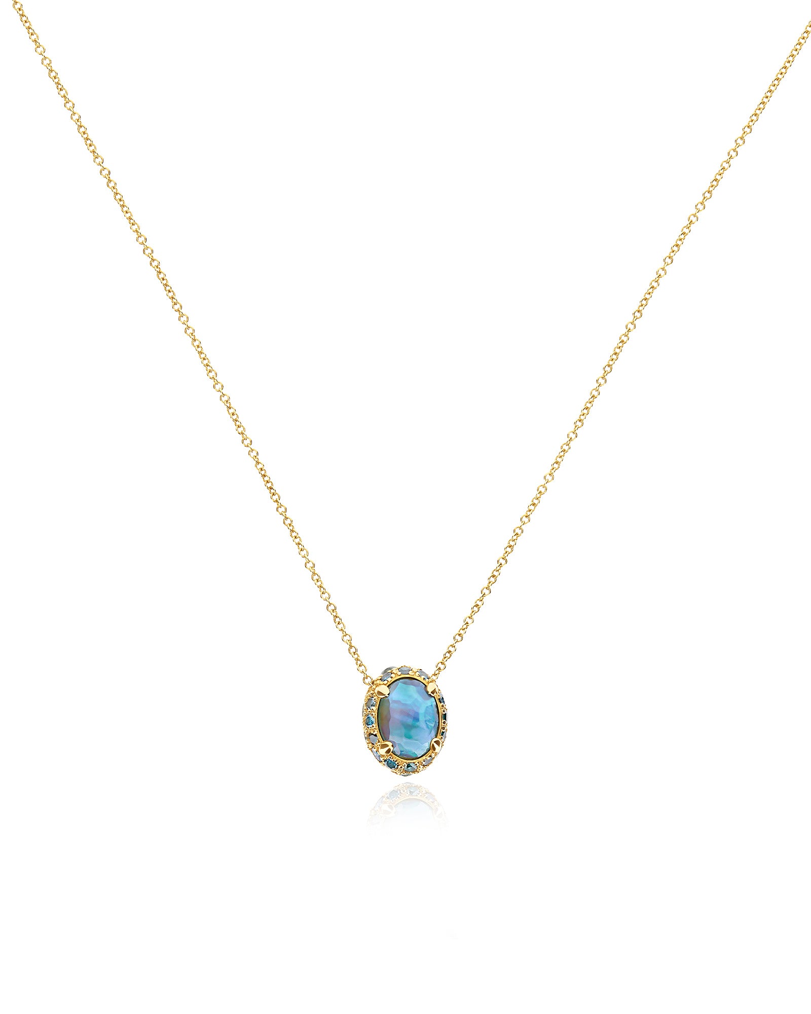 "Reverse" Gold, Blue Diamonds, Swiss Blue Topaz, Green Sapphires and London Blue Topaz Double-face Necklace