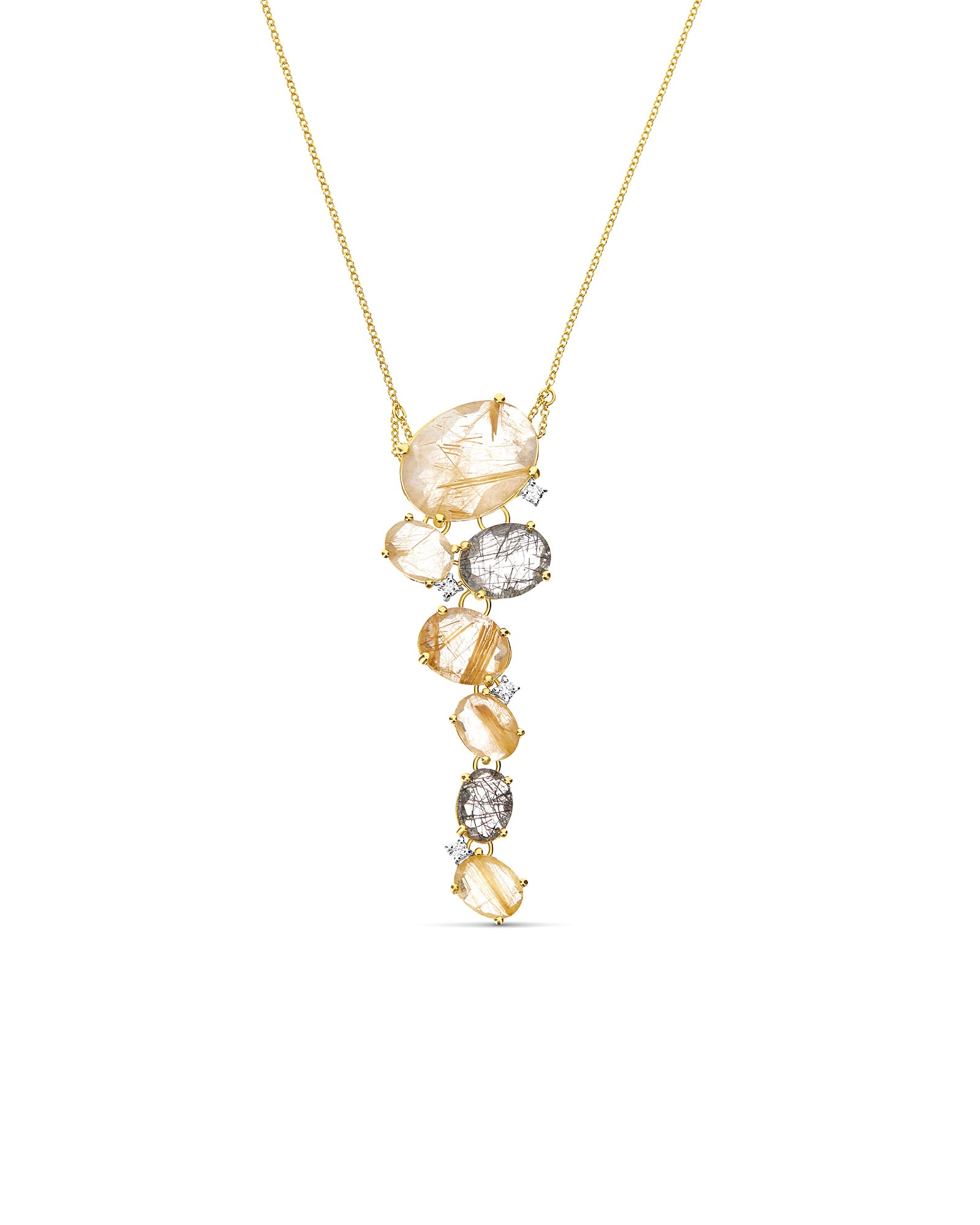 "ipanema" gold, grey and yellow rutilated quartz and diamonds pendant necklace
