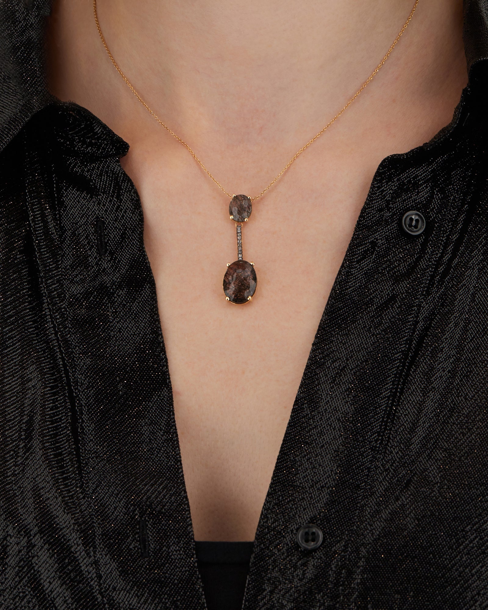 "Ipanema" Grey rutilated quartz, diamonds and 18kt bar necklace