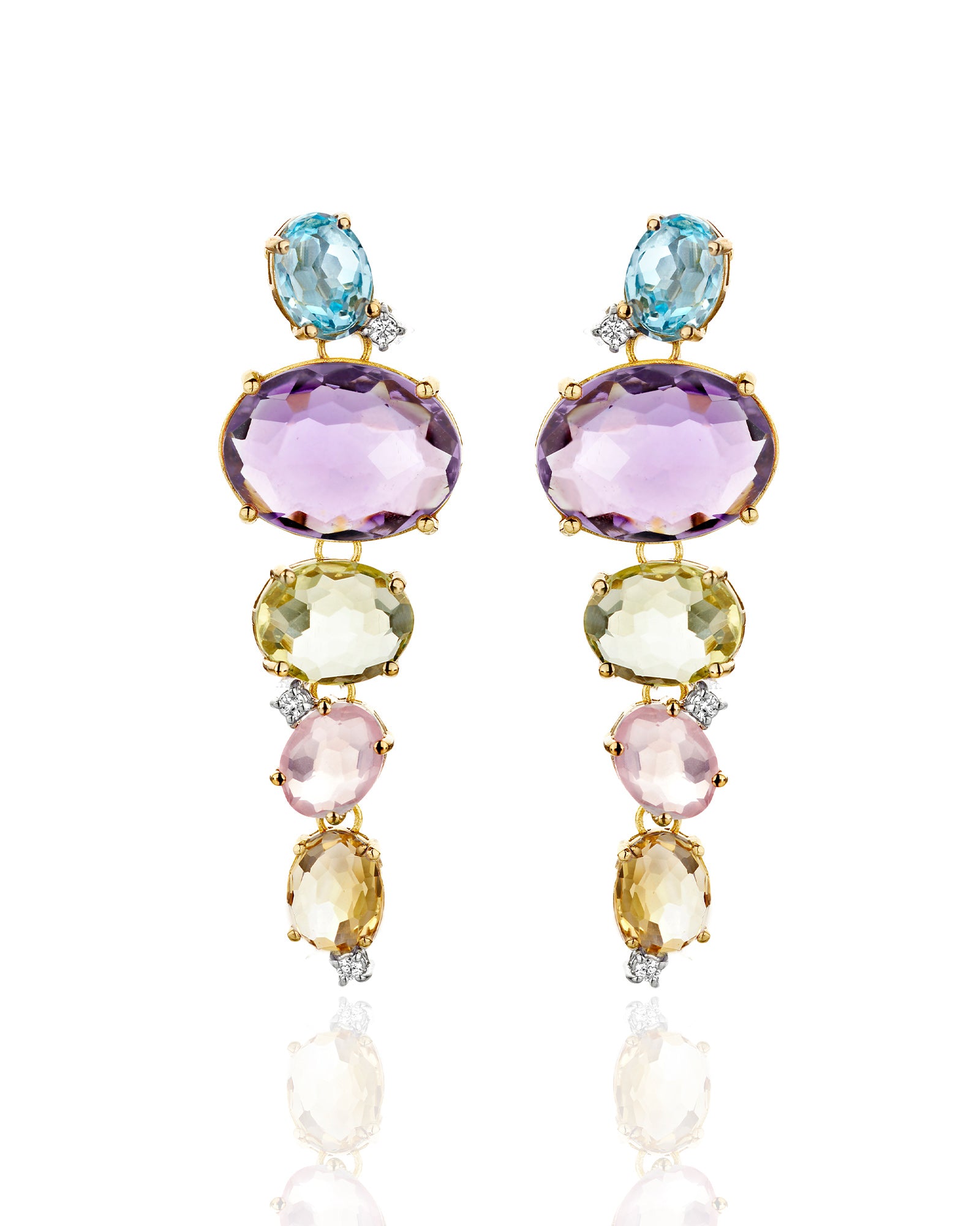 "ipanema" gold, amethyst, blue topaz, quartz and diamonds drop earrings