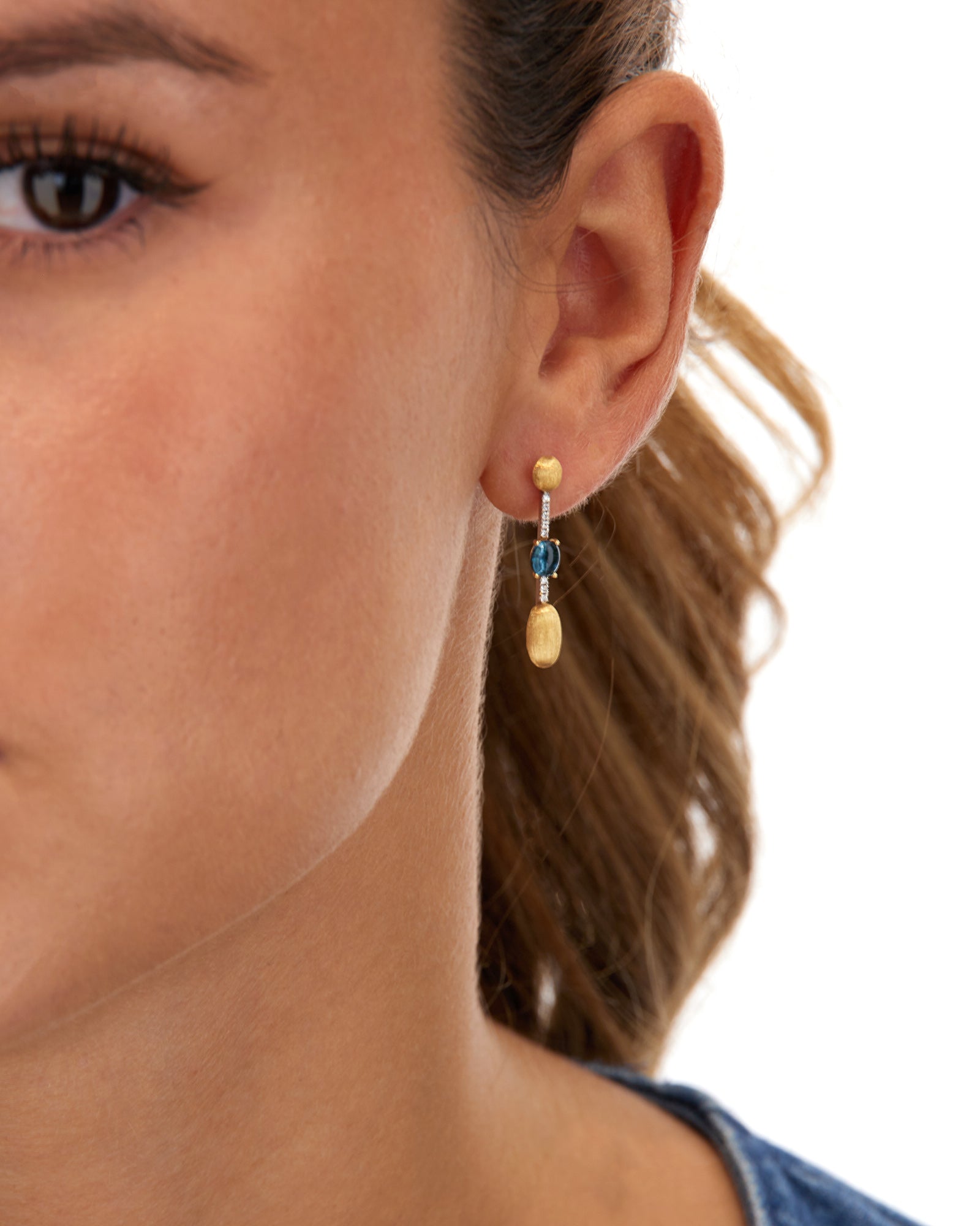 "Azure" Gold, London Blue Topaz and diamonds bars long earrings