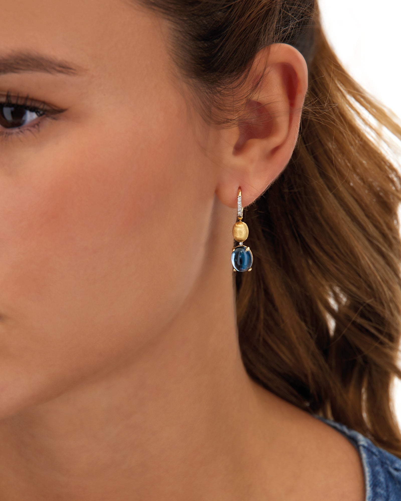 "Azure" Gold, diamonds and London Blue Topaz boules leverback earrings