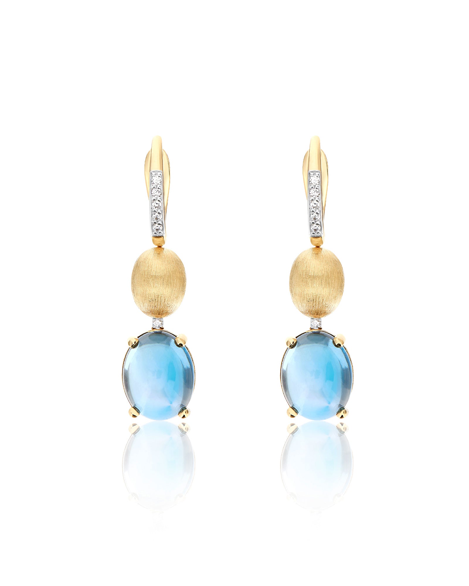 "Azure" Gold, diamonds and London Blue Topaz boules leverback earrings