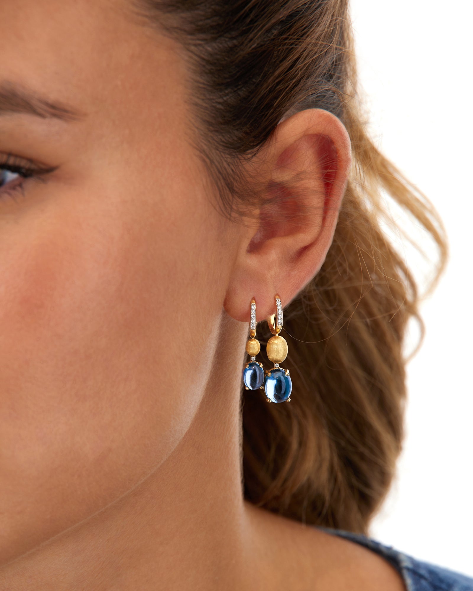 "Azure" Gold, diamonds and London Blue Topaz boules leverback earrings