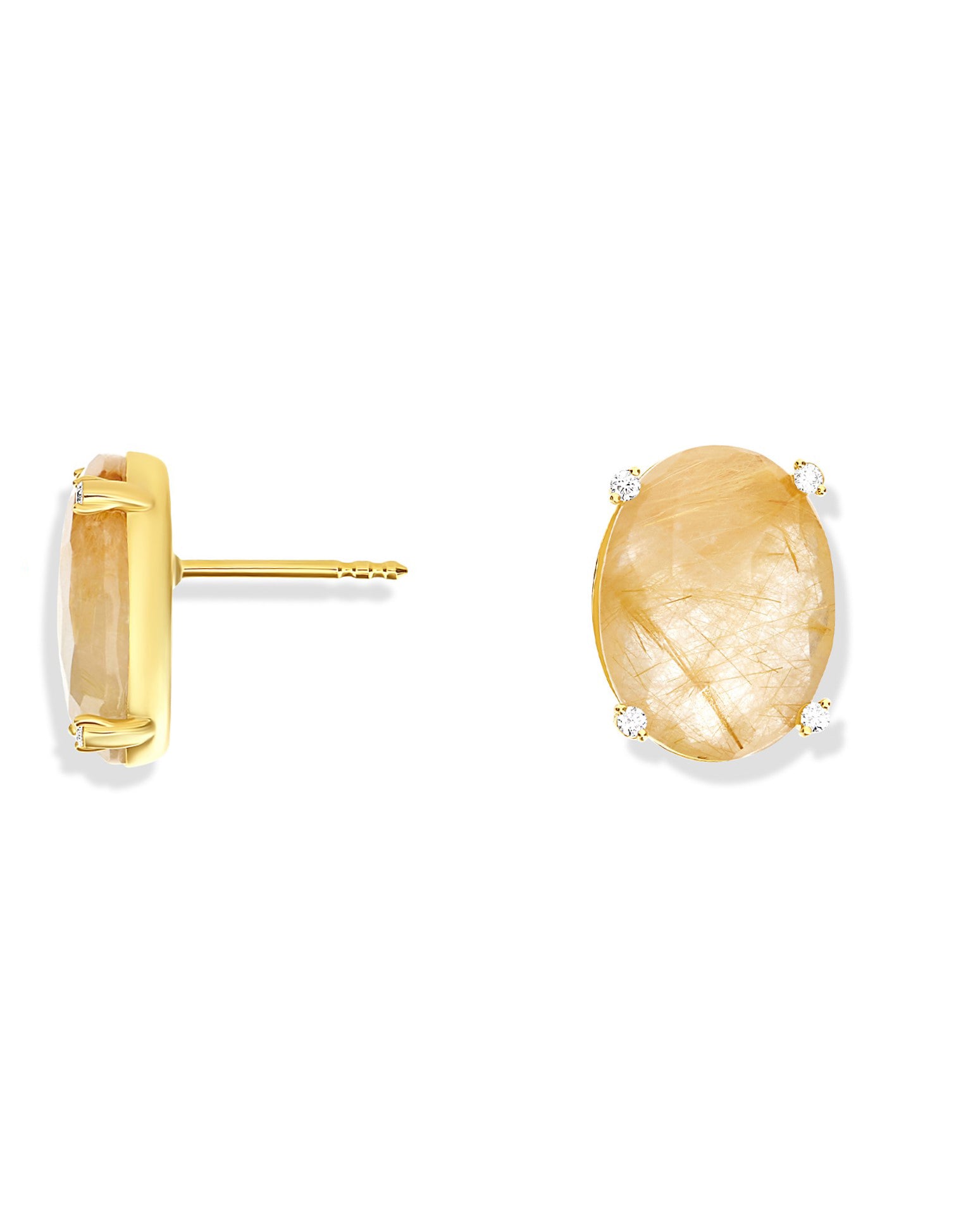 "Ipanema" Yellow rutilated quartz, diamonds and 18kt gold big stud earrings