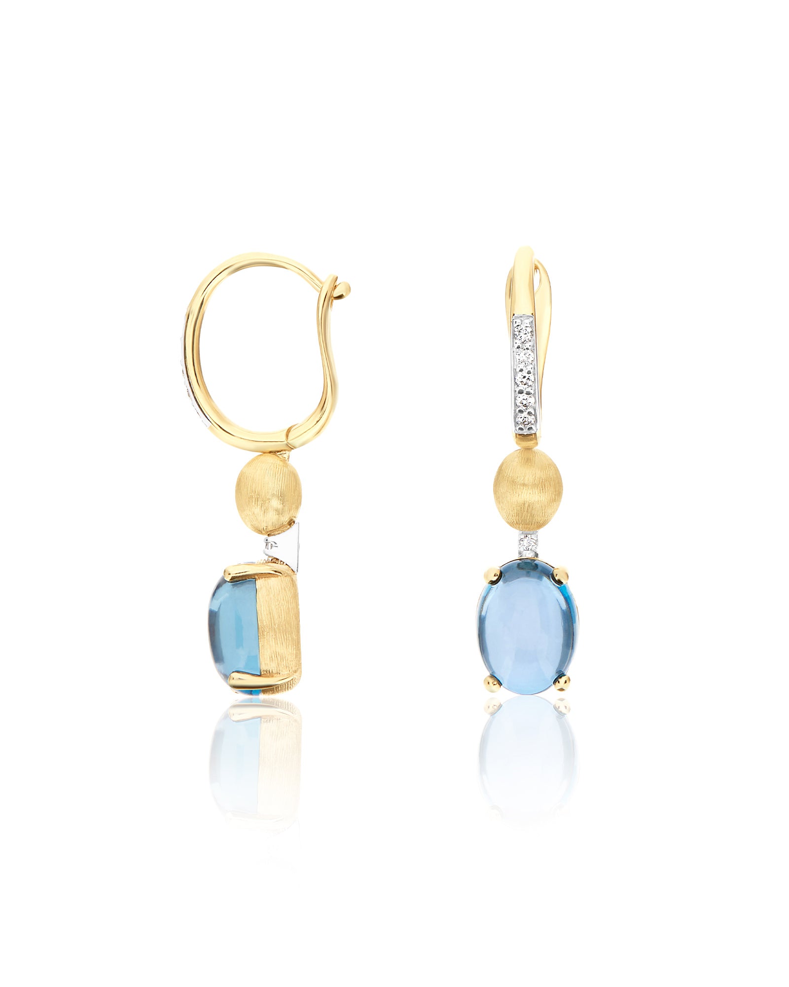 "Azure" Gold, London Blue Topaz and diamonds leverback earrings
